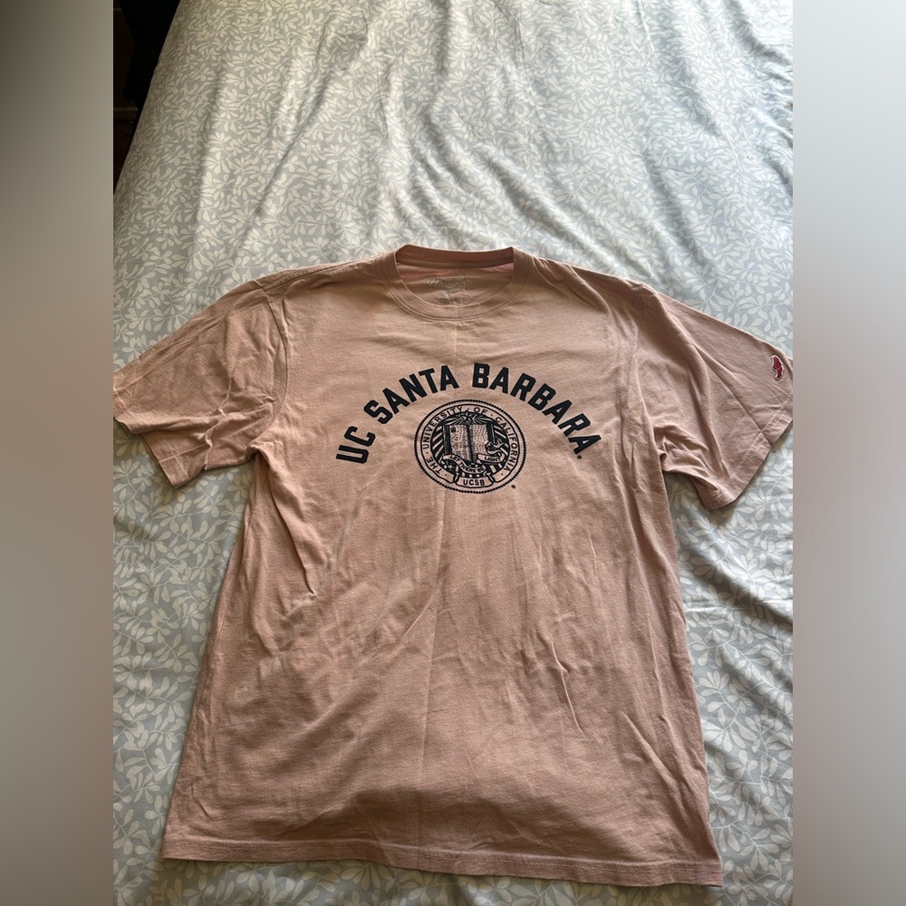 UC Santa Barbara t-shirt, light pink with UC logo in navy blue
